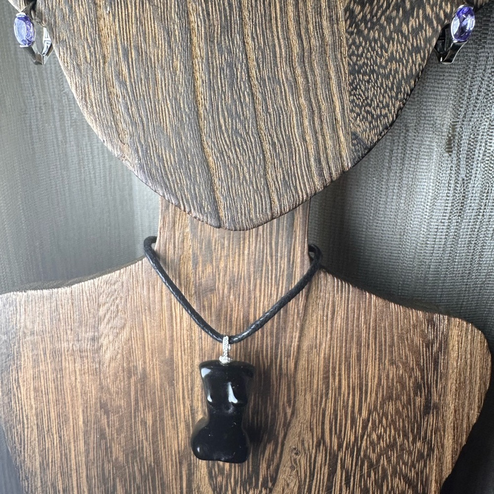 Black Obsidian Lady Body Pendant Necklace on Black Rope, Sterling Silver Bail - Picture 11 of 14